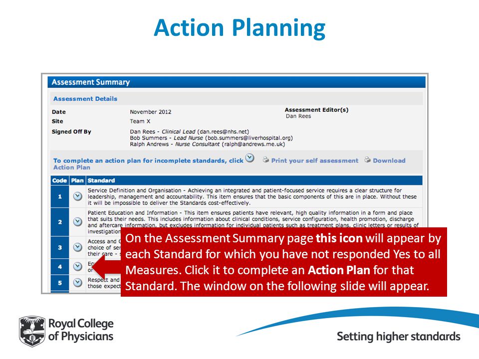Action Planning On the Assessment Summary page this icon will appear by each Standard for which you have not responded Yes to all Measures.