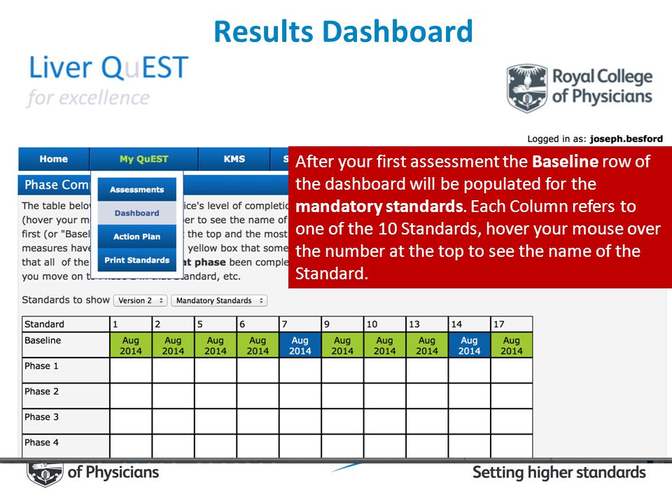 Results Dashboard After your first assessment the Baseline row of the dashboard will be populated for the mandatory standards.