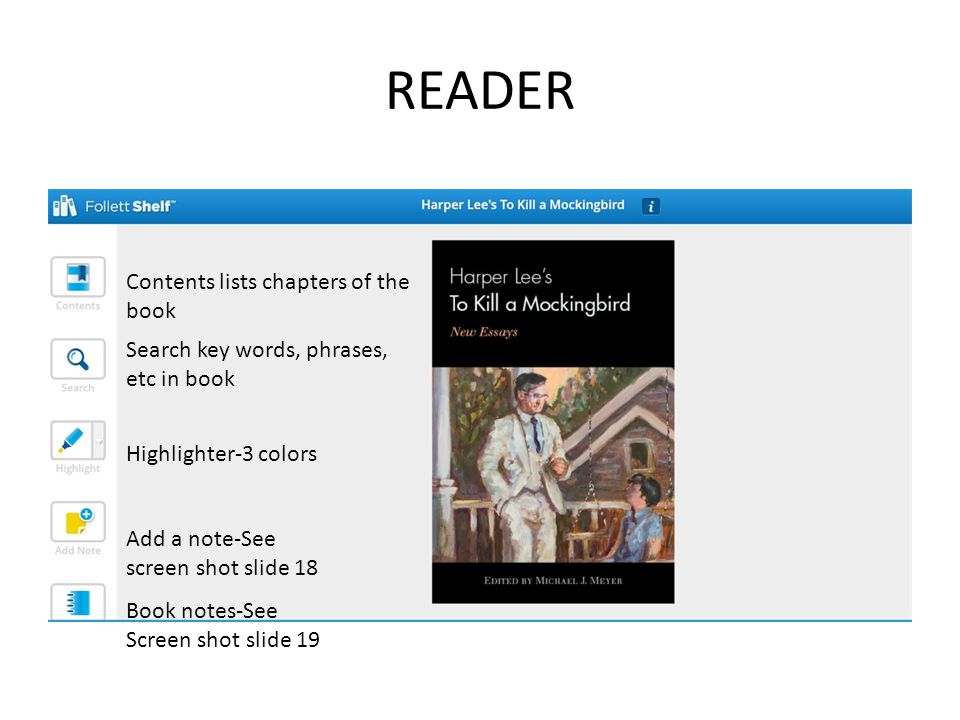 READER Contents lists chapters of the book Search key words, phrases, etc in book Highlighter-3 colors Add a note-See screen shot slide 18 Book notes-See Screen shot slide 19