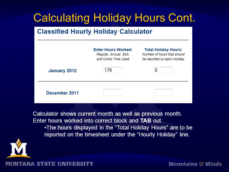 Calculating Holiday Hours Cont. Calculator shows current month as well as previous month.