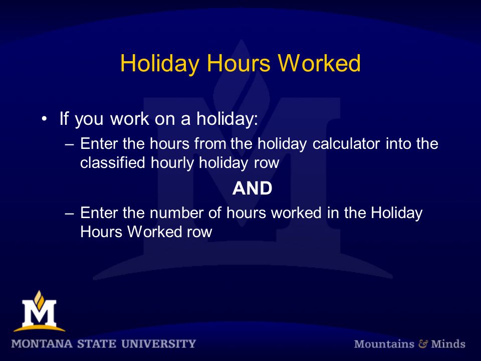 Holiday Hours Worked If you work on a holiday: –Enter the hours from the holiday calculator into the classified hourly holiday row AND –Enter the number of hours worked in the Holiday Hours Worked row