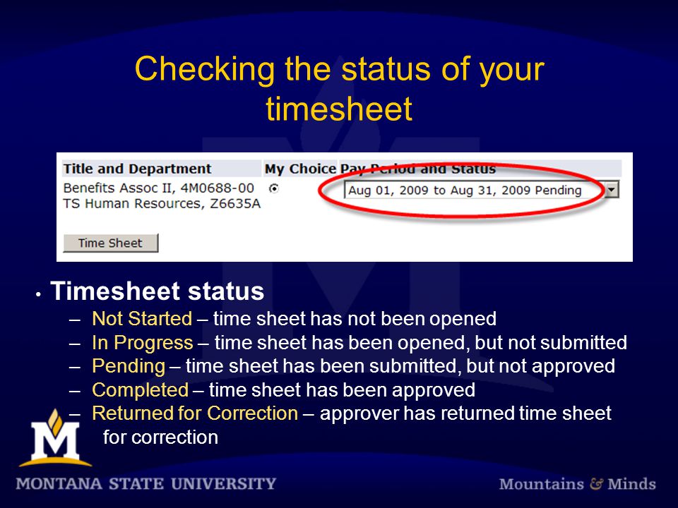 Checking the status of your timesheet Timesheet status – Not Started – time sheet has not been opened – In Progress – time sheet has been opened, but not submitted – Pending – time sheet has been submitted, but not approved – Completed – time sheet has been approved – Returned for Correction – approver has returned time sheet for correction