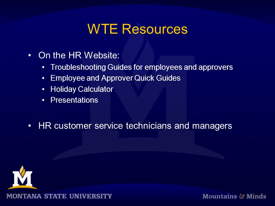 WTE Resources On the HR Website: Troubleshooting Guides for employees and approvers Employee and Approver Quick Guides Holiday Calculator Presentations HR customer service technicians and managers