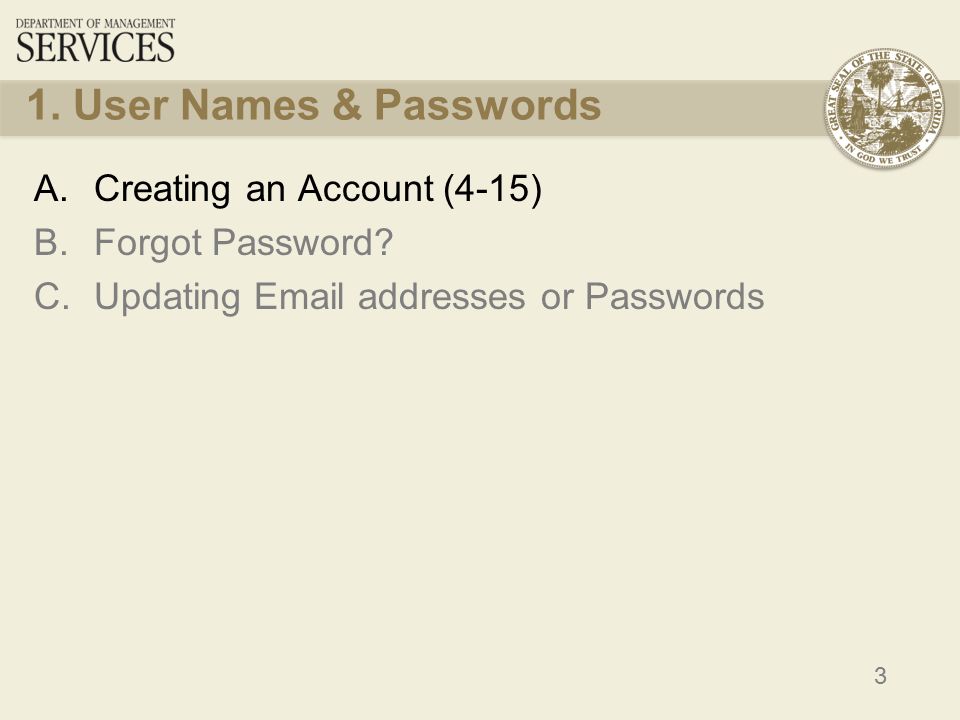 3 1. User Names & Passwords A.Creating an Account (4-15) B.Forgot Password.
