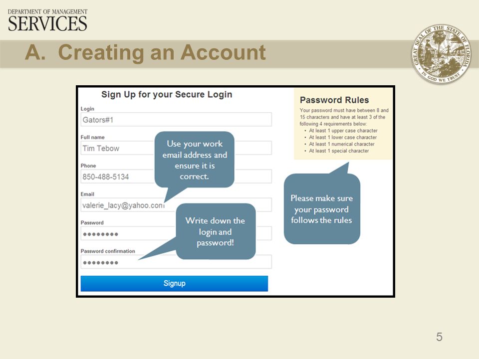 5 A. Creating an Account