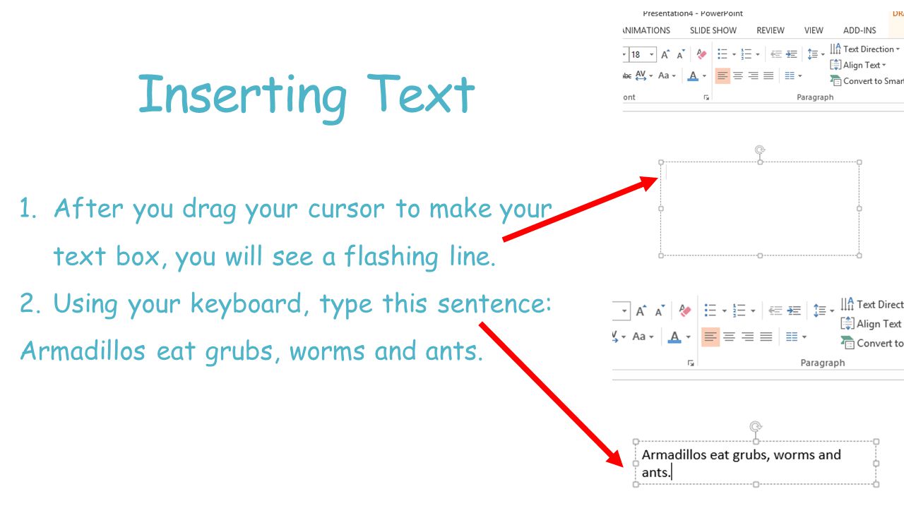 Inserting Text 1.After you drag your cursor to make your text box, you will see a flashing line.