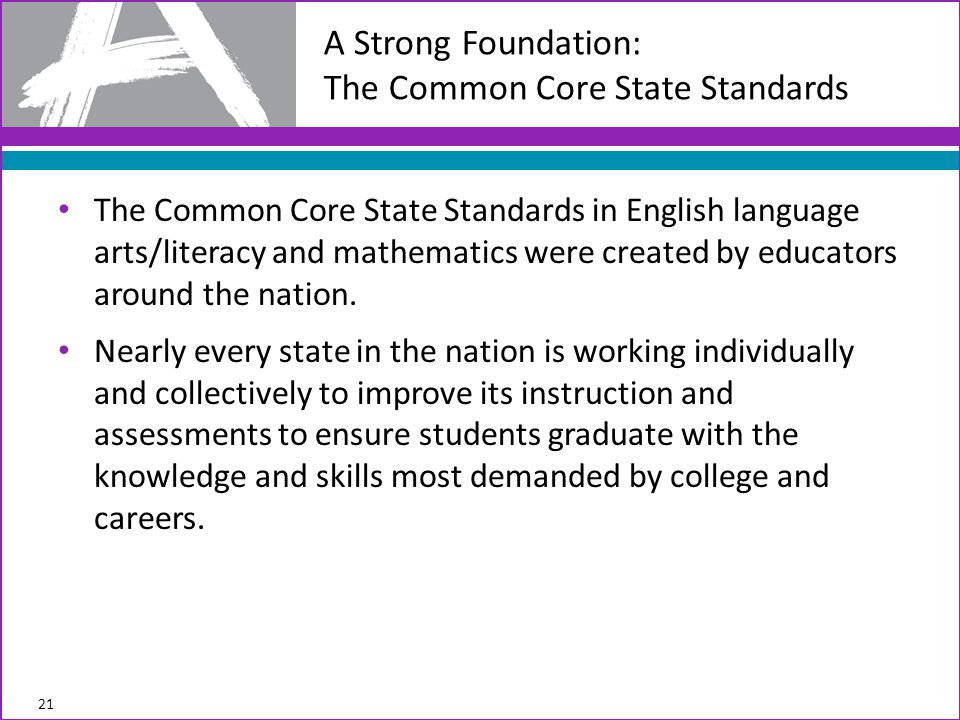 The Common Core State Standards in English language arts/literacy and mathematics were created by educators around the nation.