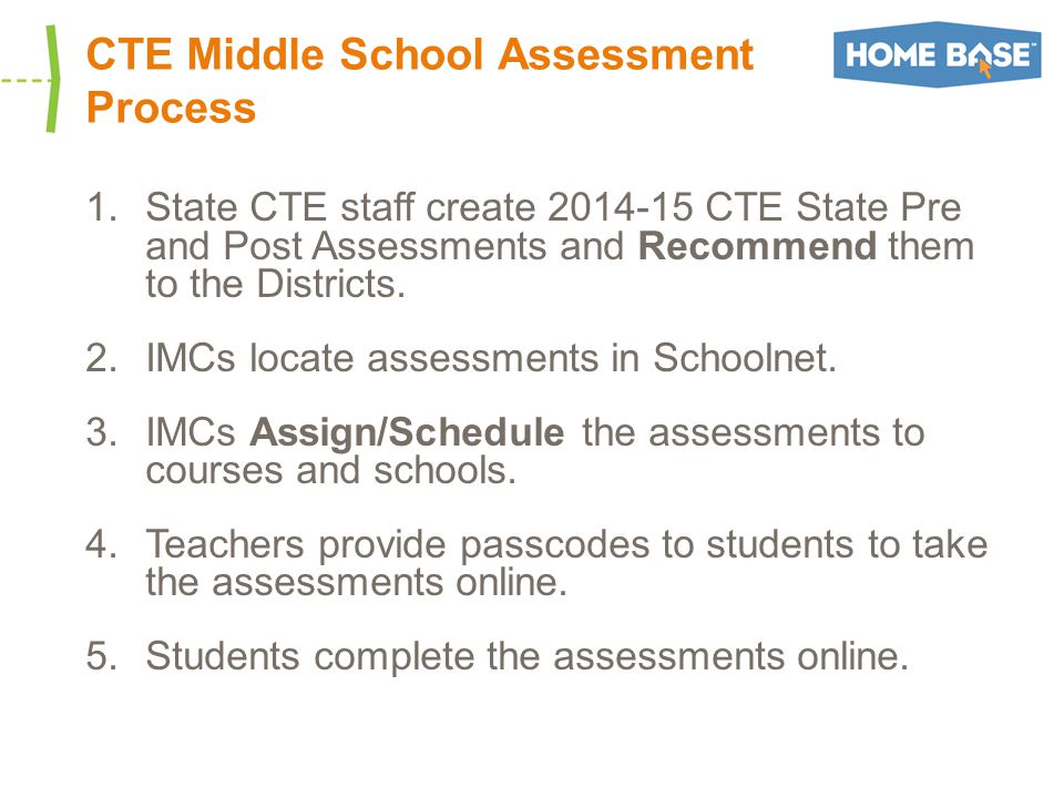 CTE Middle School Assessment Process 1.State CTE staff create CTE State Pre and Post Assessments and Recommend them to the Districts.