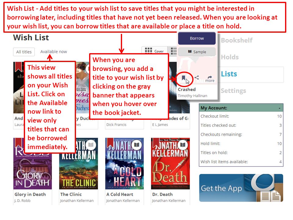 48 When you are browsing, you add a title to your wish list by clicking on the gray banner that appears when you hover over the book jacket.