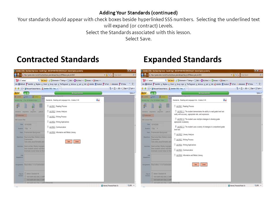 Adding Your Standards (continued) Your standards should appear with check boxes beside hyperlinked SSS numbers.