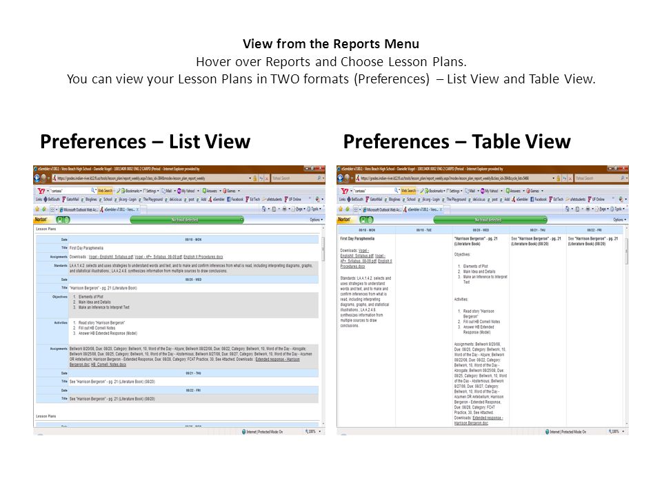 View from the Reports Menu Hover over Reports and Choose Lesson Plans.
