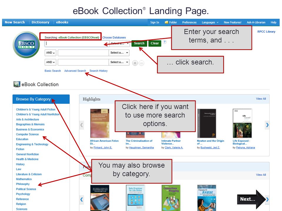 eBook Collection ® Landing Page. Enter your search terms, and...