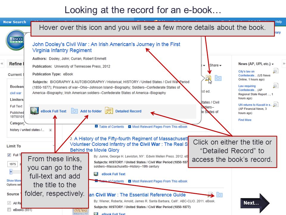Looking at the record for an e-book… Next… Click on either the title or Detailed Record to access the book’s record.
