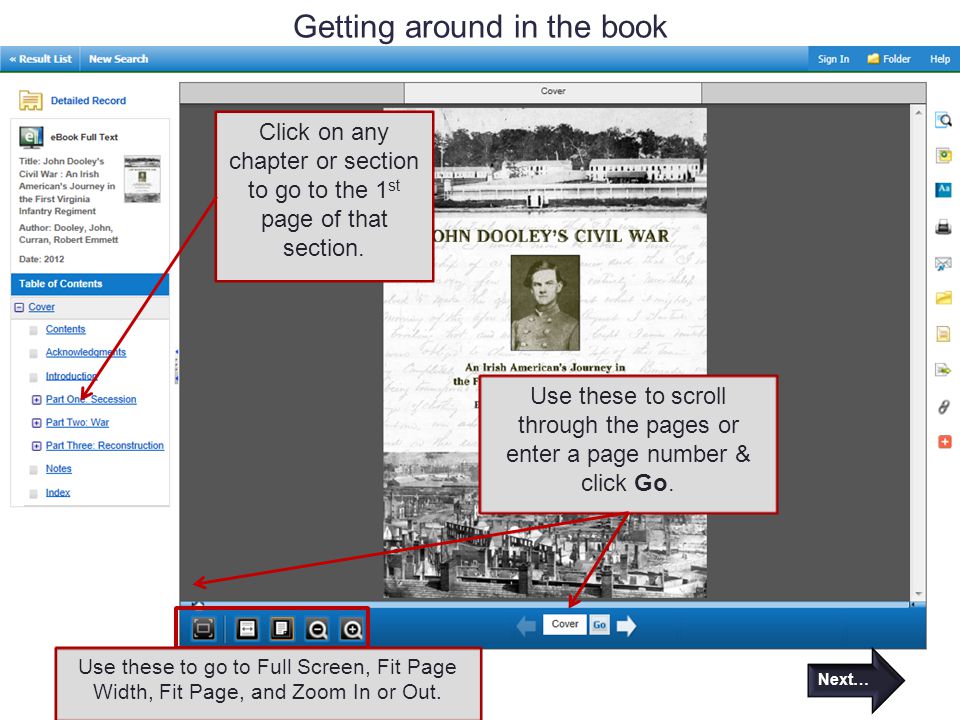 Getting around in the book Next… Click on any chapter or section to go to the 1 st page of that section.