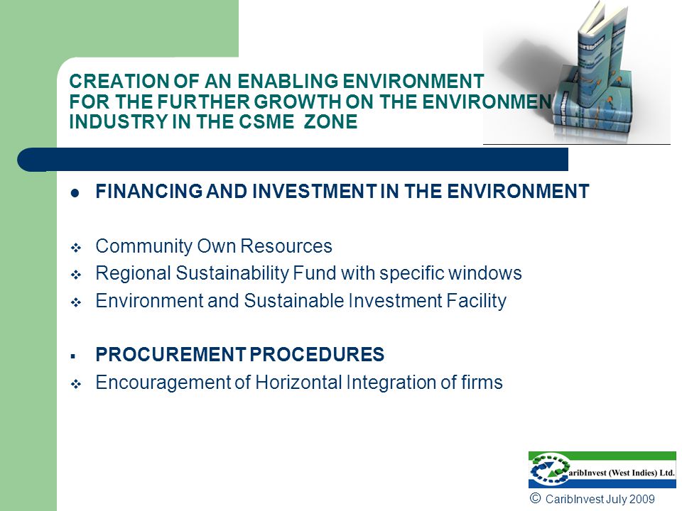 CREATION OF AN ENABLING ENVIRONMENT FOR THE FURTHER GROWTH ON THE ENVIRONMENTAL INDUSTRY IN THE CSME ZONE FINANCING AND INVESTMENT IN THE ENVIRONMENT  Community Own Resources  Regional Sustainability Fund with specific windows  Environment and Sustainable Investment Facility  PROCUREMENT PROCEDURES  Encouragement of Horizontal Integration of firms © CaribInvest July 2009