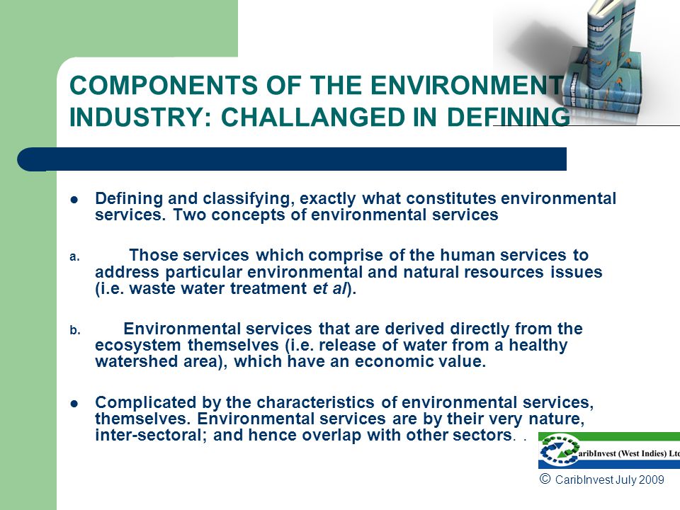 COMPONENTS OF THE ENVIRONMENTAL INDUSTRY: CHALLANGED IN DEFINING Defining and classifying, exactly what constitutes environmental services.