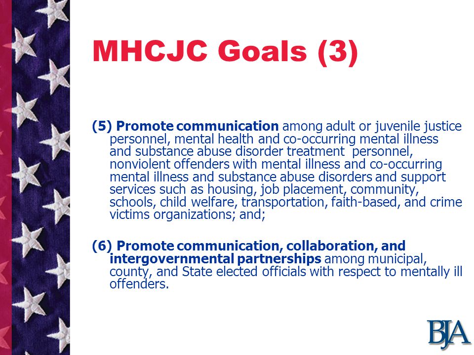 MHCJC Goals (3) (5) Promote communication among adult or juvenile justice personnel, mental health and co-occurring mental illness and substance abuse disorder treatment personnel, nonviolent offenders with mental illness and co-occurring mental illness and substance abuse disorders and support services such as housing, job placement, community, schools, child welfare, transportation, faith-based, and crime victims organizations; and; (6) Promote communication, collaboration, and intergovernmental partnerships among municipal, county, and State elected officials with respect to mentally ill offenders.