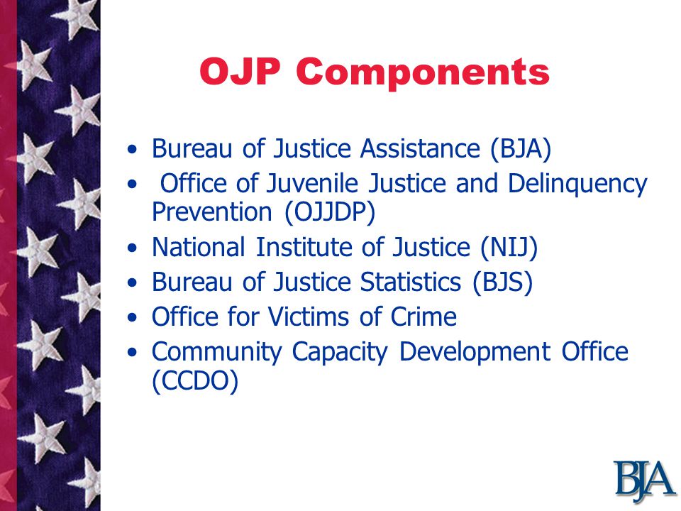 OJP Components Bureau of Justice Assistance (BJA) Office of Juvenile Justice and Delinquency Prevention (OJJDP) National Institute of Justice (NIJ) Bureau of Justice Statistics (BJS) Office for Victims of Crime Community Capacity Development Office (CCDO)