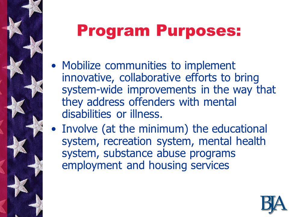 Program Purposes: Mobilize communities to implement innovative, collaborative efforts to bring system-wide improvements in the way that they address offenders with mental disabilities or illness.