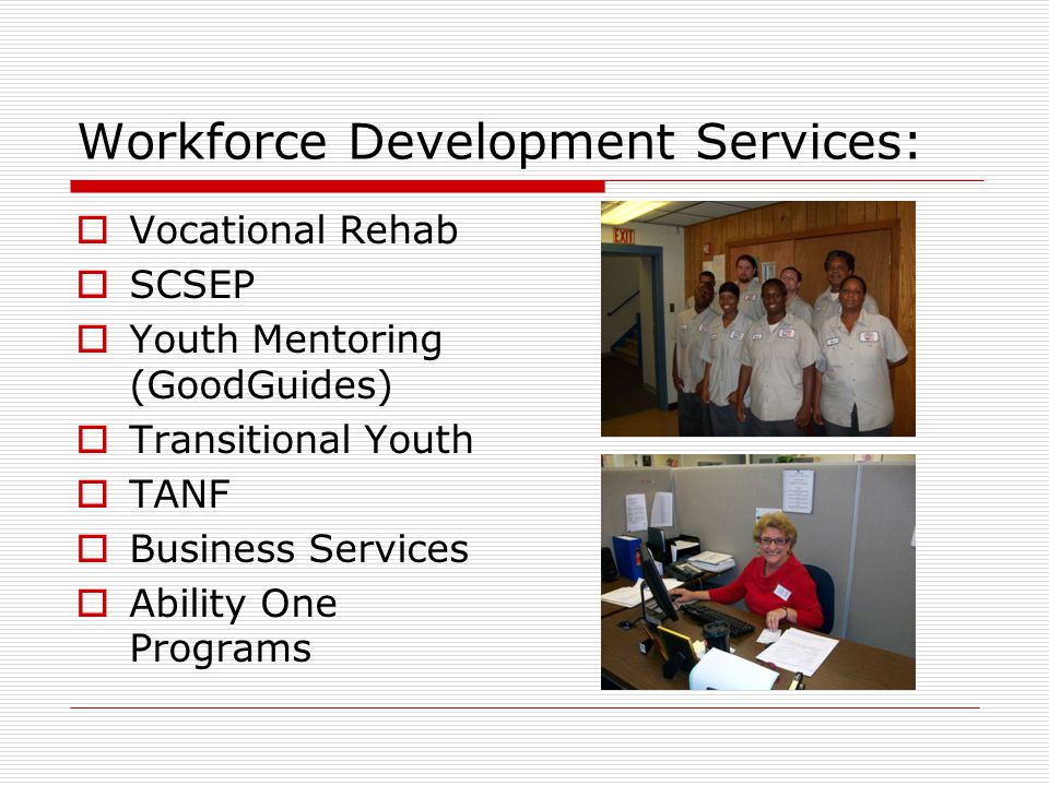 Workforce Development Services:  Vocational Rehab  SCSEP  Youth Mentoring (GoodGuides)  Transitional Youth  TANF  Business Services  Ability One Programs