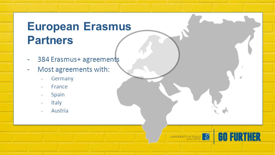 European Erasmus Partners -384 Erasmus+ agreements -Most agreements with: -Germany -France -Spain -Italy -Austria