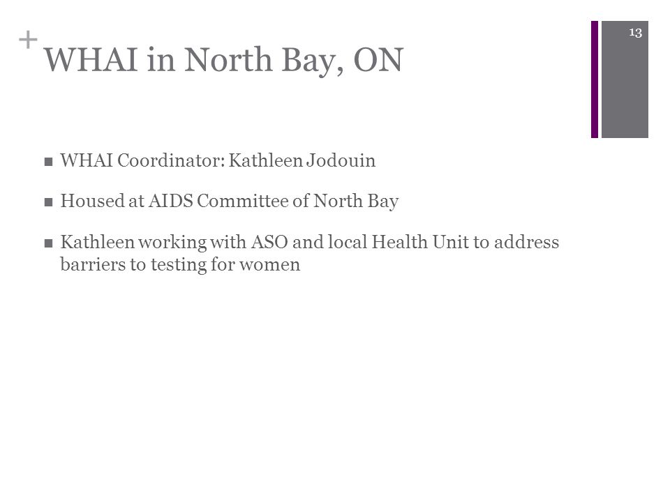 + WHAI in North Bay, ON WHAI Coordinator: Kathleen Jodouin Housed at AIDS Committee of North Bay Kathleen working with ASO and local Health Unit to address barriers to testing for women 13