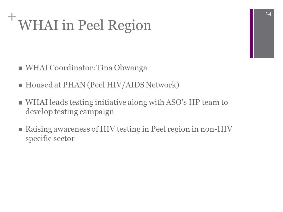 + WHAI in Peel Region WHAI Coordinator: Tina Obwanga Housed at PHAN (Peel HIV/AIDS Network) WHAI leads testing initiative along with ASO’s HP team to develop testing campaign Raising awareness of HIV testing in Peel region in non-HIV specific sector 14