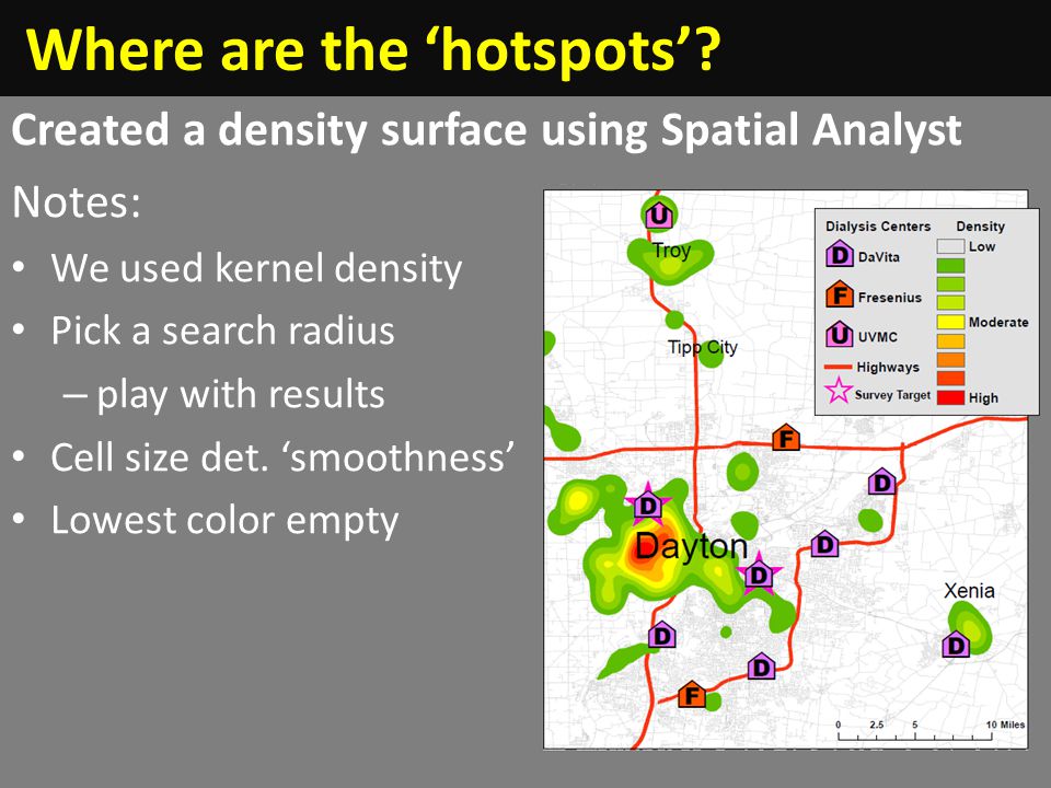 Created a density surface using Spatial Analyst Notes: We used kernel density Pick a search radius – play with results Cell size det.