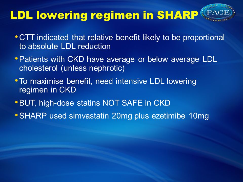 LDL lowering regimen in SHARP CTT indicated that relative benefit likely to be proportional to absolute LDL reduction Patients with CKD have average or below average LDL cholesterol (unless nephrotic) To maximise benefit, need intensive LDL lowering regimen in CKD BUT, high-dose statins NOT SAFE in CKD SHARP used simvastatin 20mg plus ezetimibe 10mg