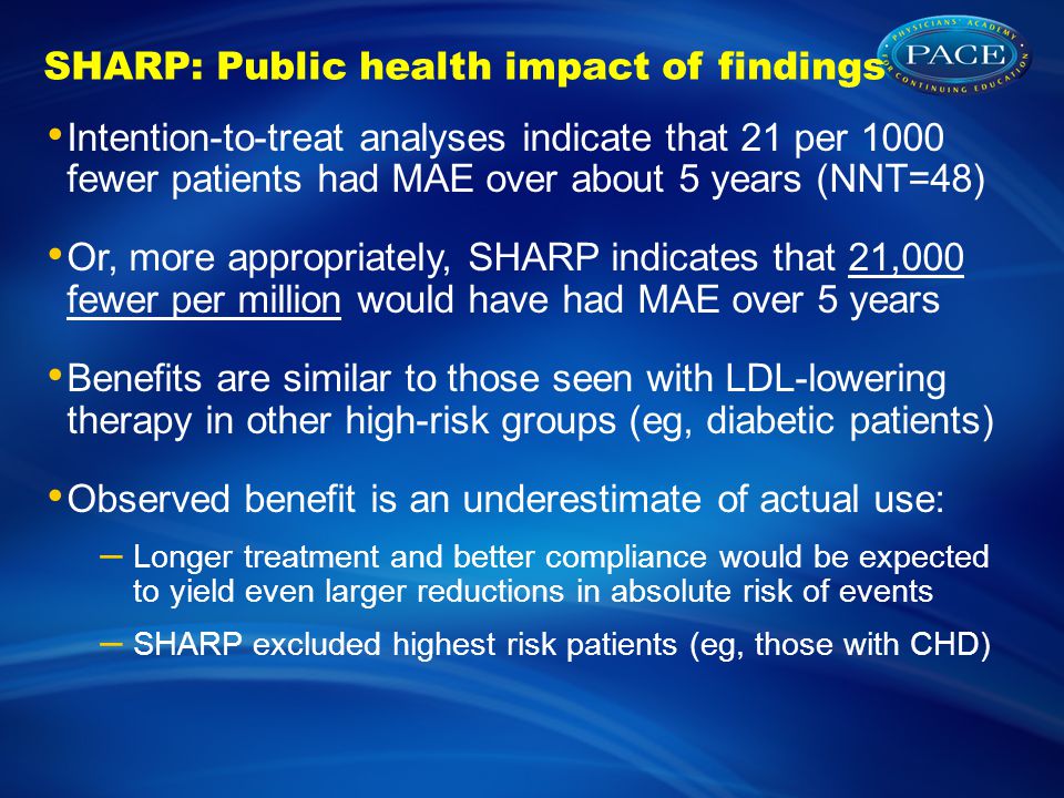 SHARP: Public health impact of findings Intention-to-treat analyses indicate that 21 per 1000 fewer patients had MAE over about 5 years (NNT=48) Or, more appropriately, SHARP indicates that 21,000 fewer per million would have had MAE over 5 years Benefits are similar to those seen with LDL-lowering therapy in other high-risk groups (eg, diabetic patients) Observed benefit is an underestimate of actual use: – Longer treatment and better compliance would be expected to yield even larger reductions in absolute risk of events – SHARP excluded highest risk patients (eg, those with CHD)