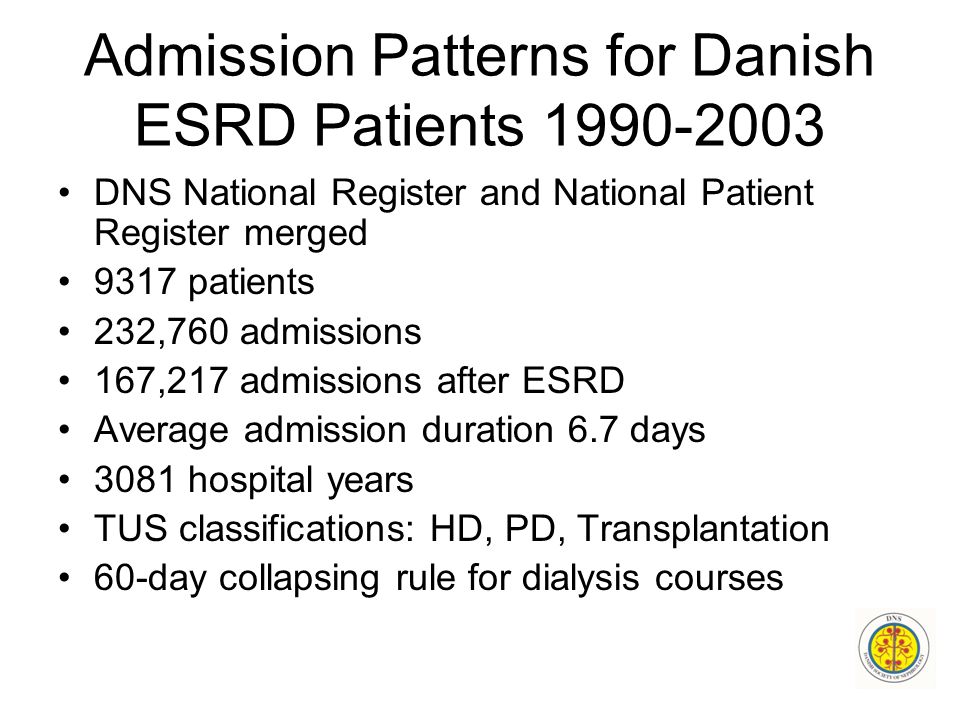 Admission Patterns for Danish ESRD Patients DNS National Register and National Patient Register merged 9317 patients 232,760 admissions 167,217 admissions after ESRD Average admission duration 6.7 days 3081 hospital years TUS classifications: HD, PD, Transplantation 60-day collapsing rule for dialysis courses