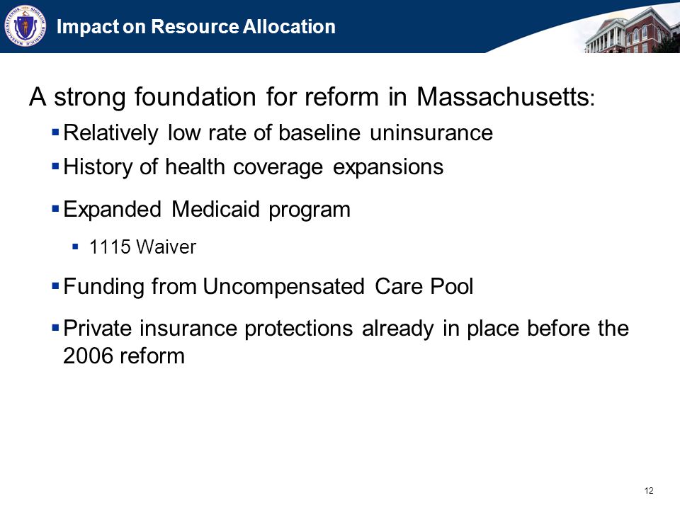 12 Impact on Resource Allocation A strong foundation for reform in Massachusetts :  Relatively low rate of baseline uninsurance  History of health coverage expansions  Expanded Medicaid program  1115 Waiver  Funding from Uncompensated Care Pool  Private insurance protections already in place before the 2006 reform