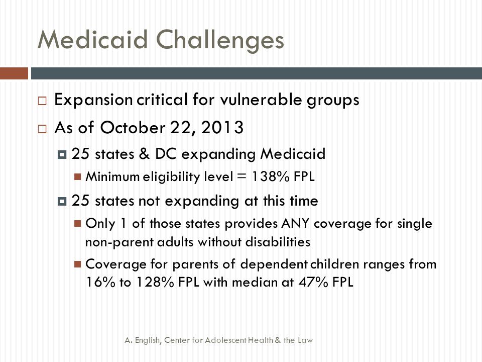 Medicaid Challenges  Expansion critical for vulnerable groups  As of October 22, 2013  25 states & DC expanding Medicaid Minimum eligibility level = 138% FPL  25 states not expanding at this time Only 1 of those states provides ANY coverage for single non-parent adults without disabilities Coverage for parents of dependent children ranges from 16% to 128% FPL with median at 47% FPL A.