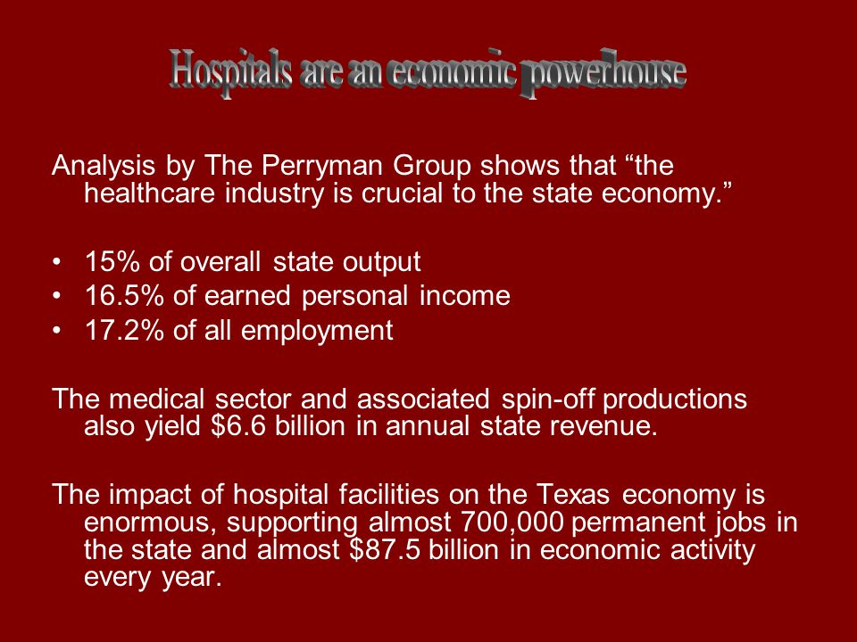 Analysis by The Perryman Group shows that the healthcare industry is crucial to the state economy. 15% of overall state output 16.5% of earned personal income 17.2% of all employment The medical sector and associated spin-off productions also yield $6.6 billion in annual state revenue.