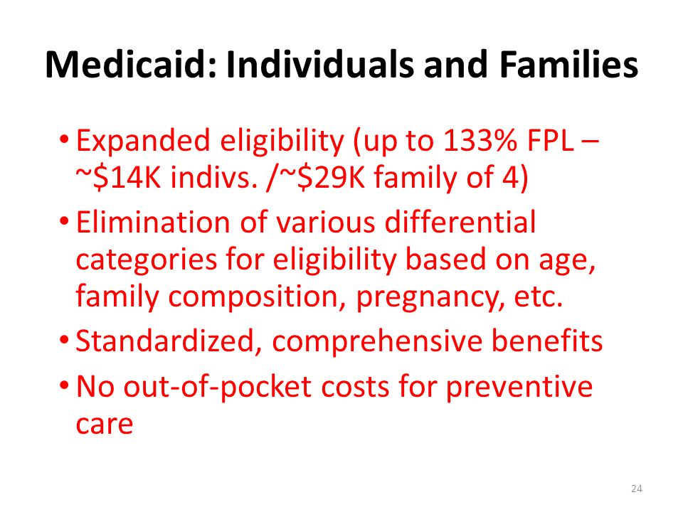 Medicaid: Individuals and Families Expanded eligibility (up to 133% FPL – ~$14K indivs.