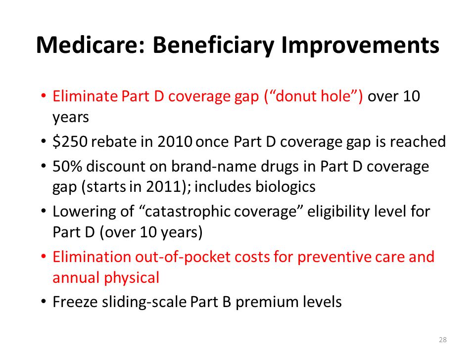 Medicare: Beneficiary Improvements Eliminate Part D coverage gap ( donut hole ) over 10 years $250 rebate in 2010 once Part D coverage gap is reached 50% discount on brand-name drugs in Part D coverage gap (starts in 2011); includes biologics Lowering of catastrophic coverage eligibility level for Part D (over 10 years) Elimination out-of-pocket costs for preventive care and annual physical Freeze sliding-scale Part B premium levels 28