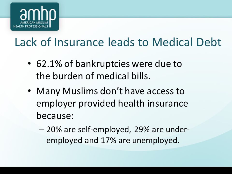 Lack of Insurance leads to Medical Debt 62.1% of bankruptcies were due to the burden of medical bills.