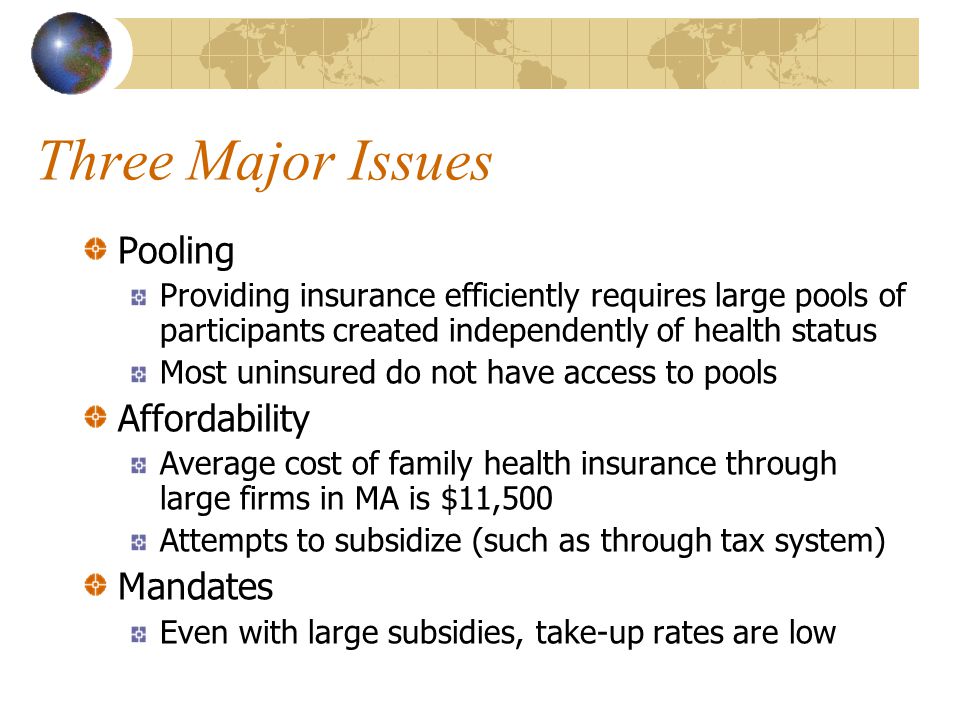 Three Major Issues Pooling Providing insurance efficiently requires large pools of participants created independently of health status Most uninsured do not have access to pools Affordability Average cost of family health insurance through large firms in MA is $11,500 Attempts to subsidize (such as through tax system) Mandates Even with large subsidies, take-up rates are low