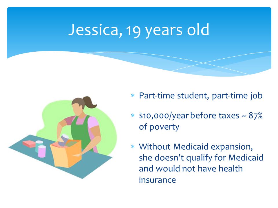 Jessica, 19 years old  Part-time student, part-time job  $10,000/year before taxes ~ 87% of poverty  Without Medicaid expansion, she doesn’t qualify for Medicaid and would not have health insurance
