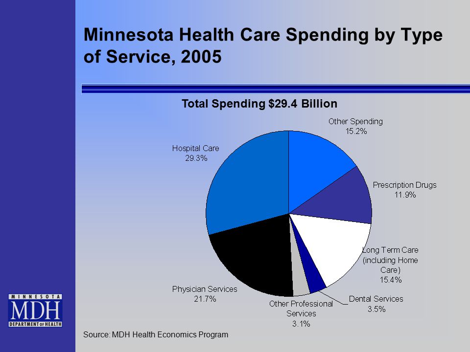 Minnesota Health Care Spending by Type of Service, 2005 Source: MDH Health Economics Program Total Spending $29.4 Billion