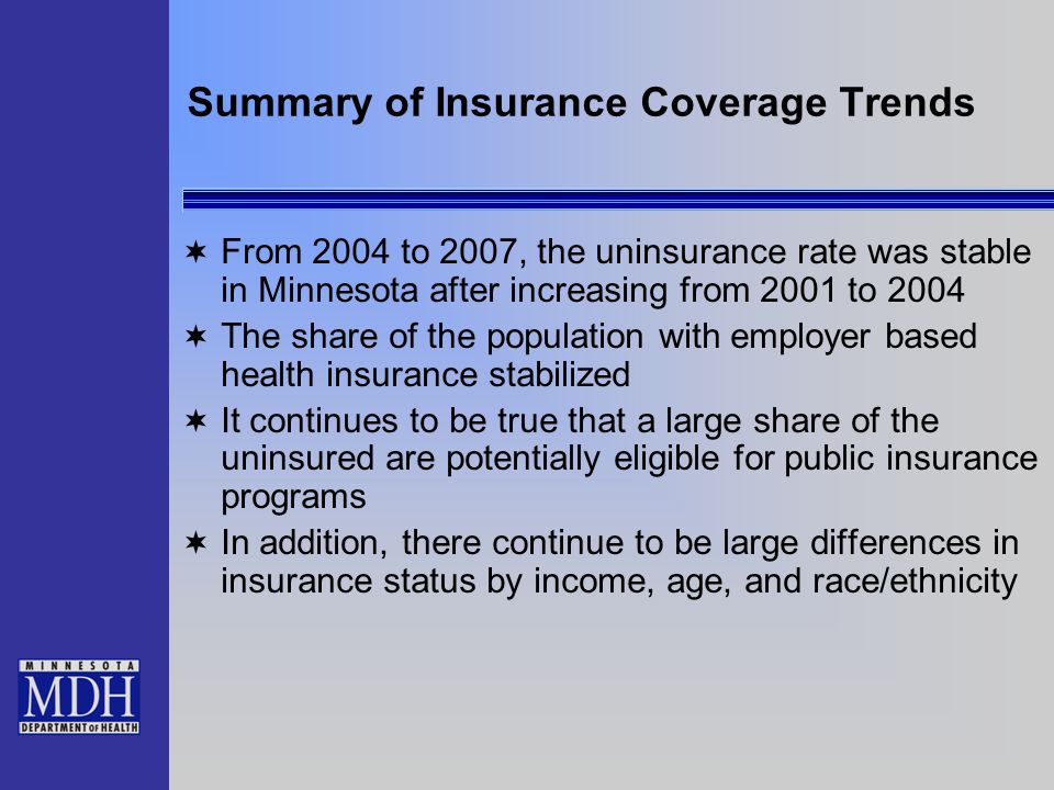 Summary of Insurance Coverage Trends  From 2004 to 2007, the uninsurance rate was stable in Minnesota after increasing from 2001 to 2004  The share of the population with employer based health insurance stabilized  It continues to be true that a large share of the uninsured are potentially eligible for public insurance programs  In addition, there continue to be large differences in insurance status by income, age, and race/ethnicity