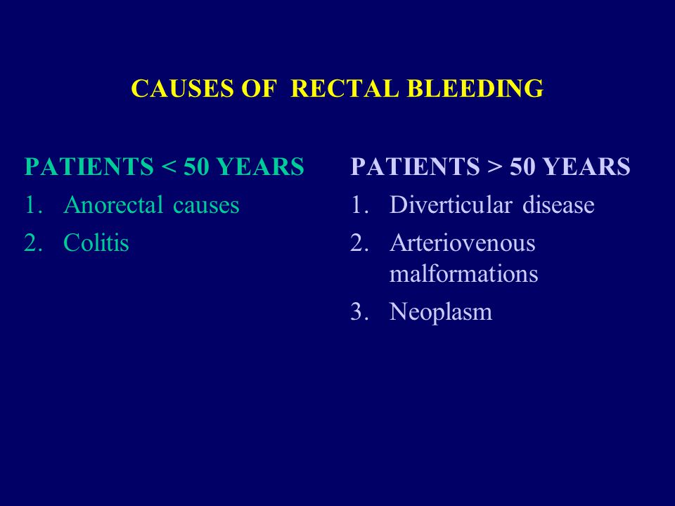 CAUSES OF RECTAL BLEEDING PATIENTS < 50 YEARS 1.Anorectal causes 2.Colitis PATIENTS > 50 YEARS 1.Diverticular disease 2.Arteriovenous malformations 3.Neoplasm