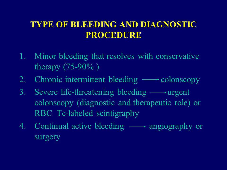 TYPE OF BLEEDING AND DIAGNOSTIC PROCEDURE 1.Minor bleeding that resolves with conservative therapy (75-90% ) 2.Chronic intermittent bleeding colonscopy 3.Severe life-threatening bleeding urgent colonscopy (diagnostic and therapeutic role) or RBC Tc-labeled scintigraphy 4.Continual active bleeding angiography or surgery