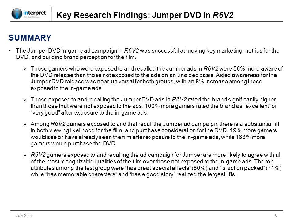 6 July 2008 Key Research Findings: Jumper DVD in R6V2 SUMMARY The Jumper DVD in-game ad campaign in R6V2 was successful at moving key marketing metrics for the DVD, and building brand perception for the film.