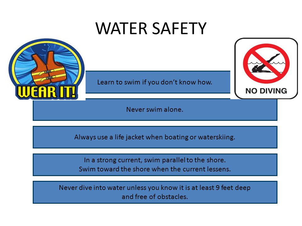 WATER SAFETY Learn to swim if you don’t know how. Never swim alone.