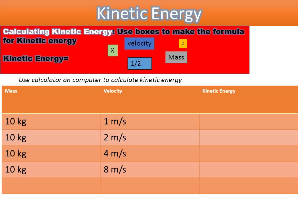 1/2 Mass X velocity 2 MassVelocityKinetic Energy 10 kg1 m/s 10 kg2 m/s 10 kg4 m/s 10 kg8 m/s Use calculator on computer to calculate kinetic energy