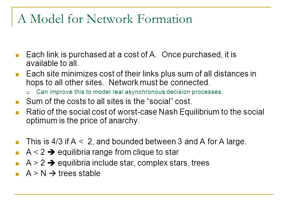 A Model for Network Formation Each link is purchased at a cost of A.