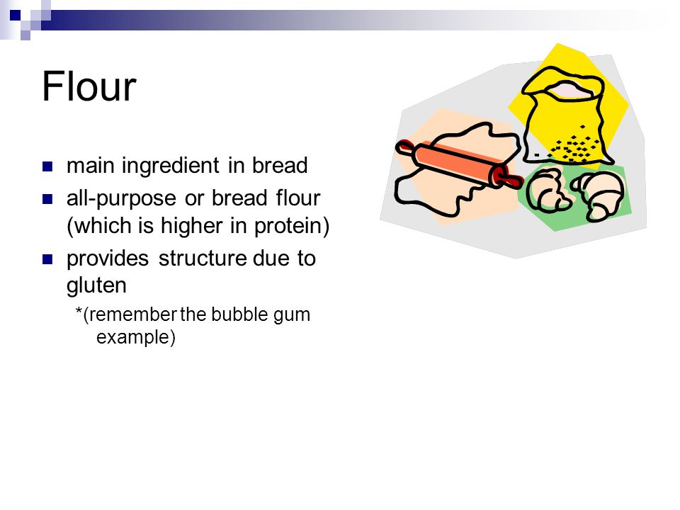 Flour main ingredient in bread all-purpose or bread flour (which is higher in protein) provides structure due to gluten *(remember the bubble gum example)