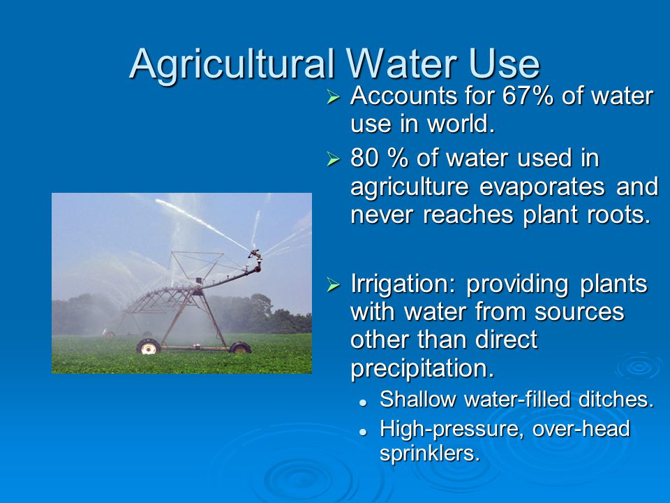 Agricultural Water Use  Accounts for 67% of water use in world.