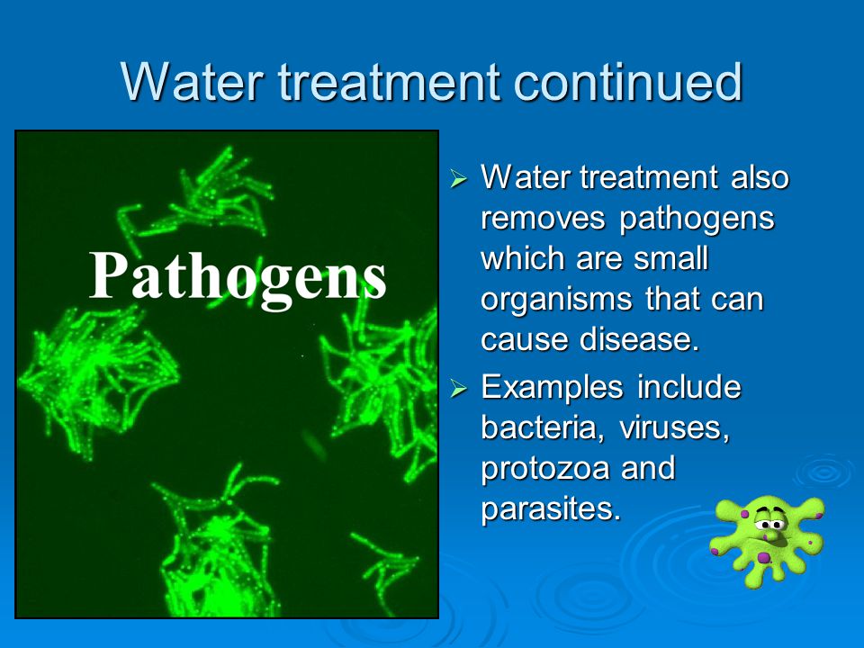 Water treatment continued  Water treatment also removes pathogens which are small organisms that can cause disease.